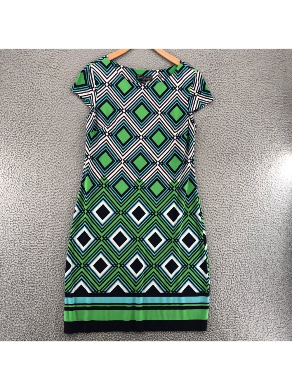 Jessica Howard Dress Women Small Green Black Diamond Shift Cap Sleeves Stretch*